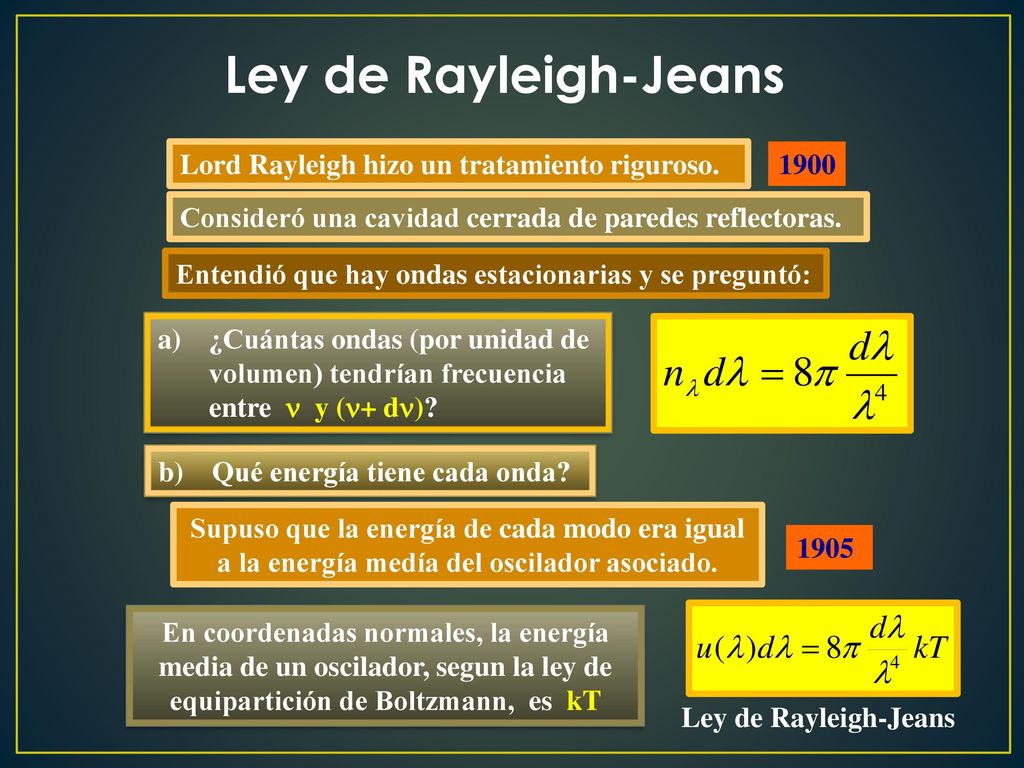 Ley de Rayleigh-Jeans Lord Rayleigh hizo un tratamiento riguroso. 1900