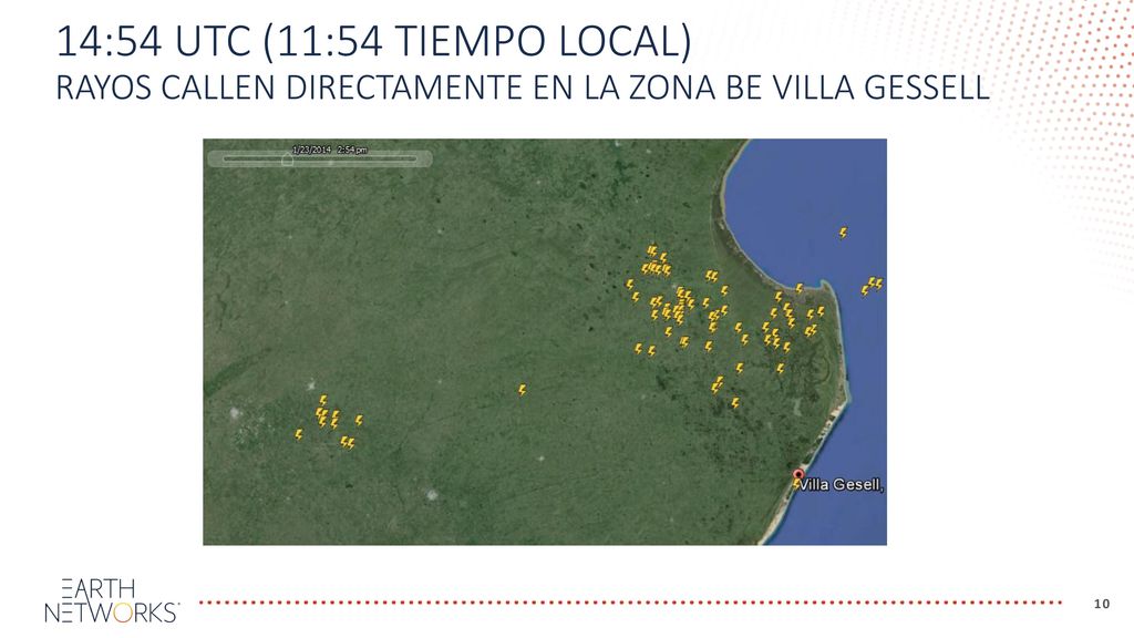 14:54 UTC (11:54 tiempo local) Rayos callen directamente en la zona be Villa Gessell
