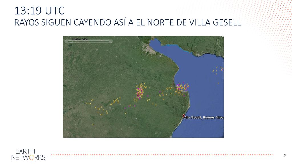 13:19 UTC Rayos siguen cayendo así a el norte de Villa Gesell