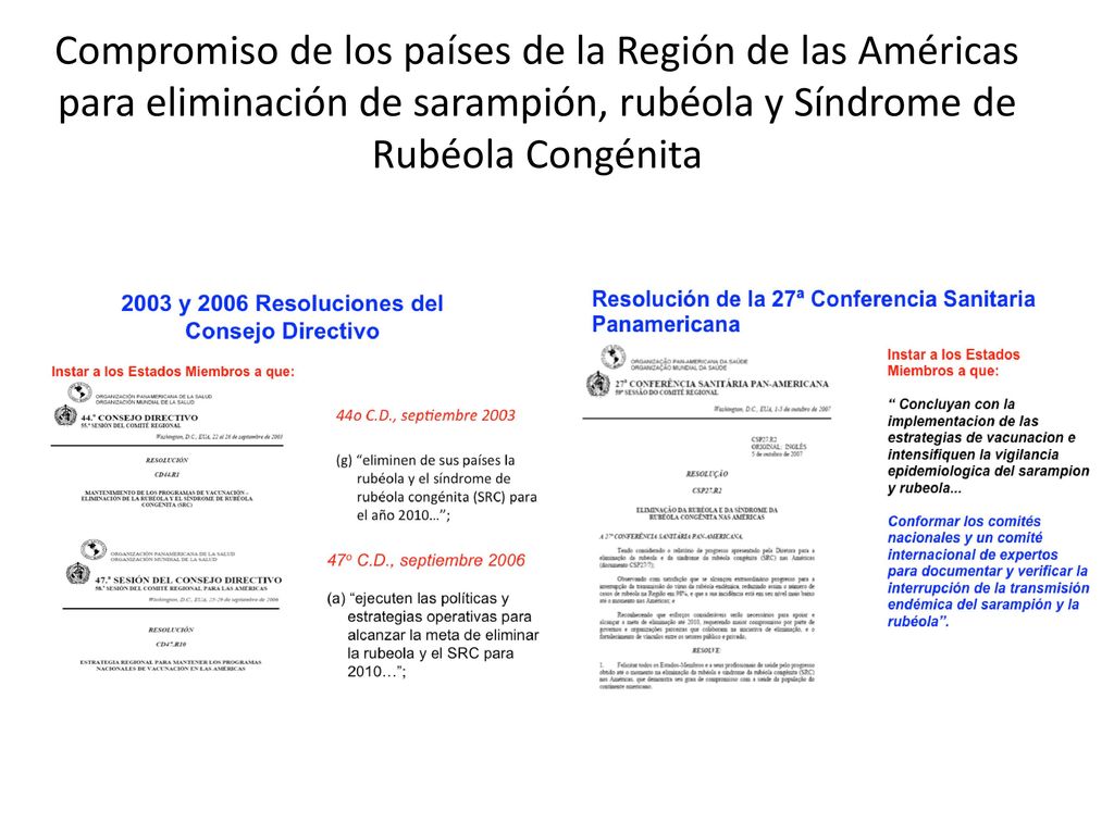 Compromiso de los países de la Región de las Américas para eliminación de sarampión, rubéola y Síndrome de Rubéola Congénita