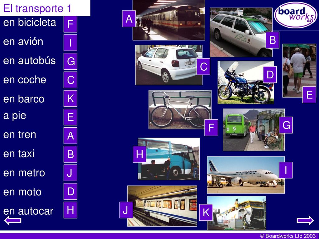 El transporte 1 A en bicicleta en avión en autobús en coche en barco F