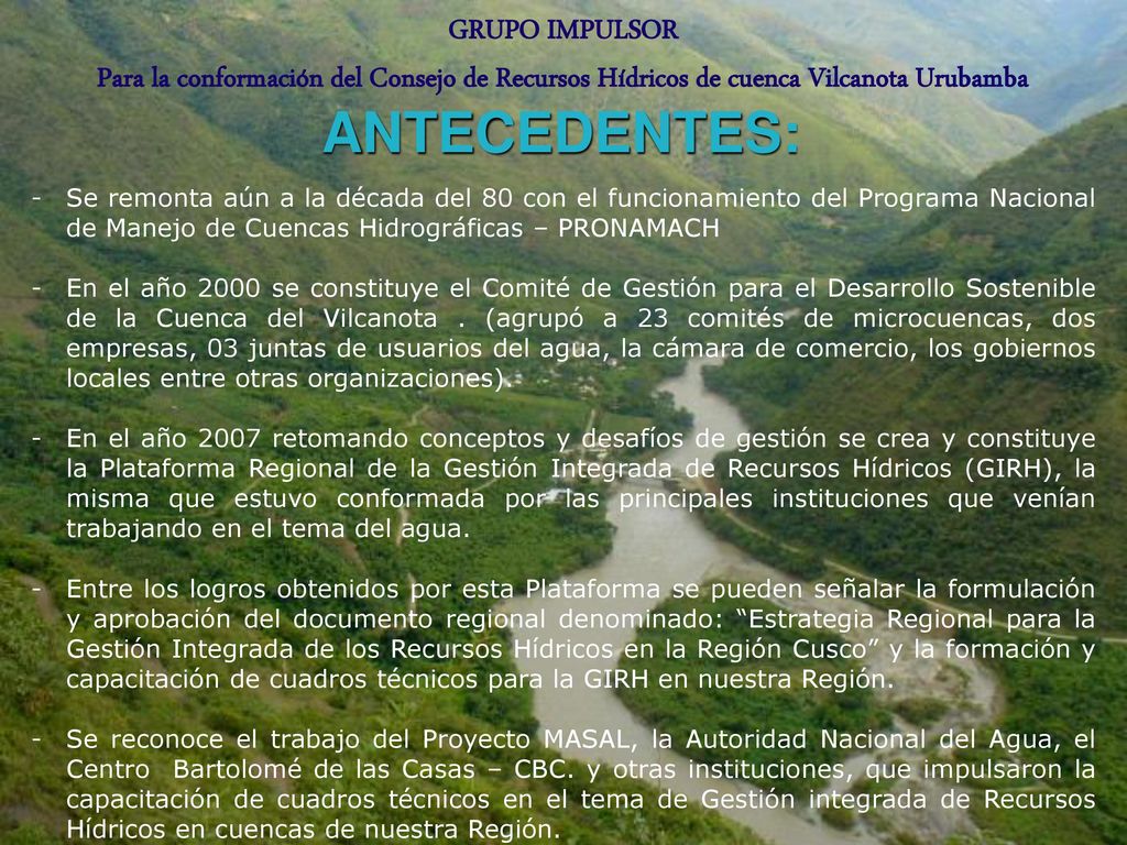 GRUPO IMPULSOR Para la conformación del Consejo de Recursos Hídricos de cuenca Vilcanota Urubamba
