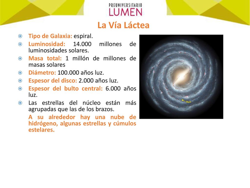 La Vía Láctea Tipo de Galaxia: espiral.