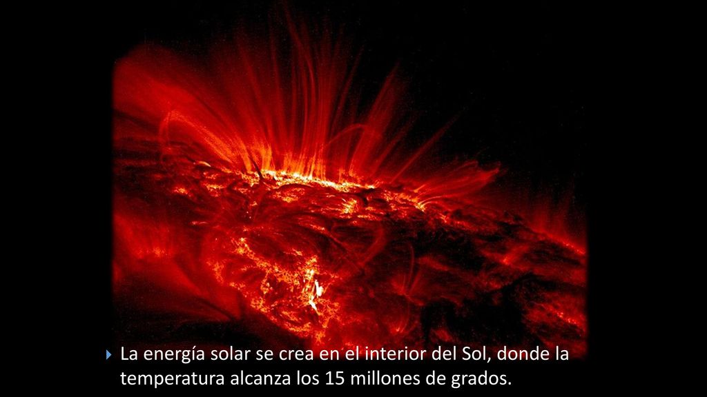 La energía solar se crea en el interior del Sol, donde la temperatura alcanza los 15 millones de grados.