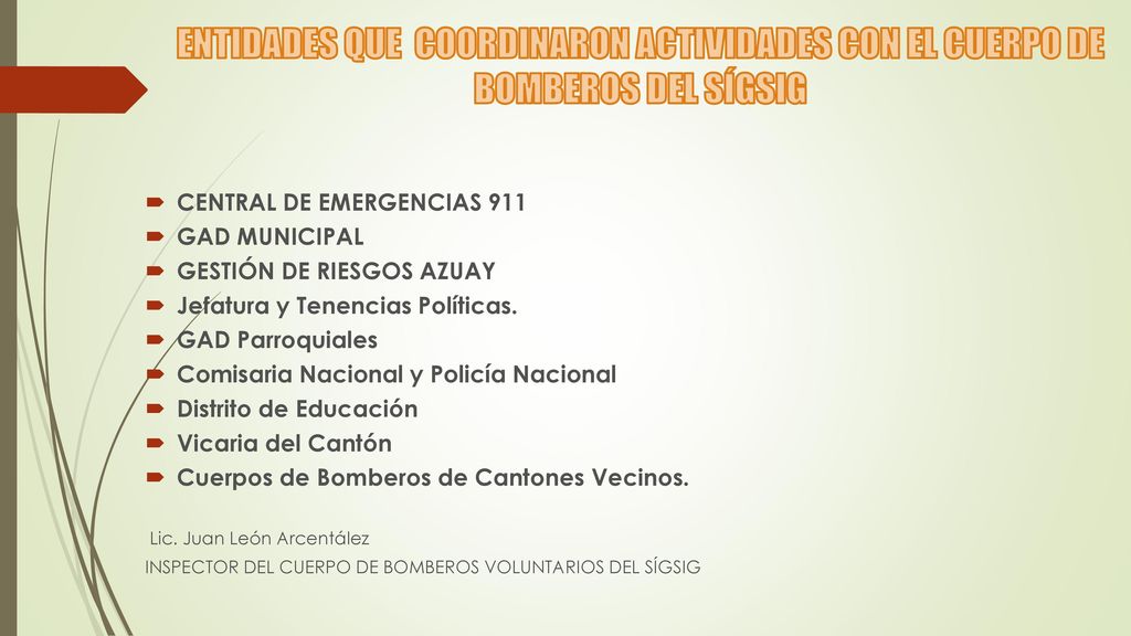 ENTIDADES QUE COORDINARON ACTIVIDADES CON EL CUERPO DE BOMBEROS DEL SÍGSIG