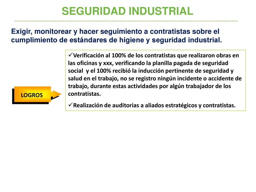 SEGURIDAD INDUSTRIAL Exigir, monitorear y hacer seguimiento a contratistas sobre el cumplimiento de estándares de higiene y seguridad industrial.