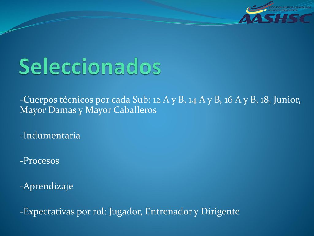 Seleccionados -Cuerpos técnicos por cada Sub: 12 A y B, 14 A y B, 16 A y B, 18, Junior, Mayor Damas y Mayor Caballeros.