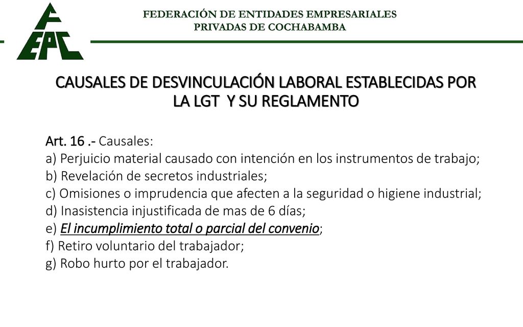 CAUSALES DE DESVINCULACIÓN LABORAL ESTABLECIDAS POR LA LGT Y SU REGLAMENTO