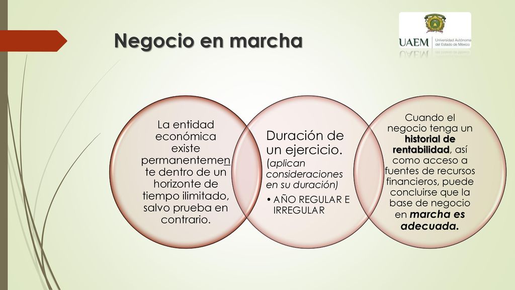 Negocio en marcha La entidad económica existe permanentemente dentro de un horizonte de tiempo ilimitado, salvo prueba en contrario.
