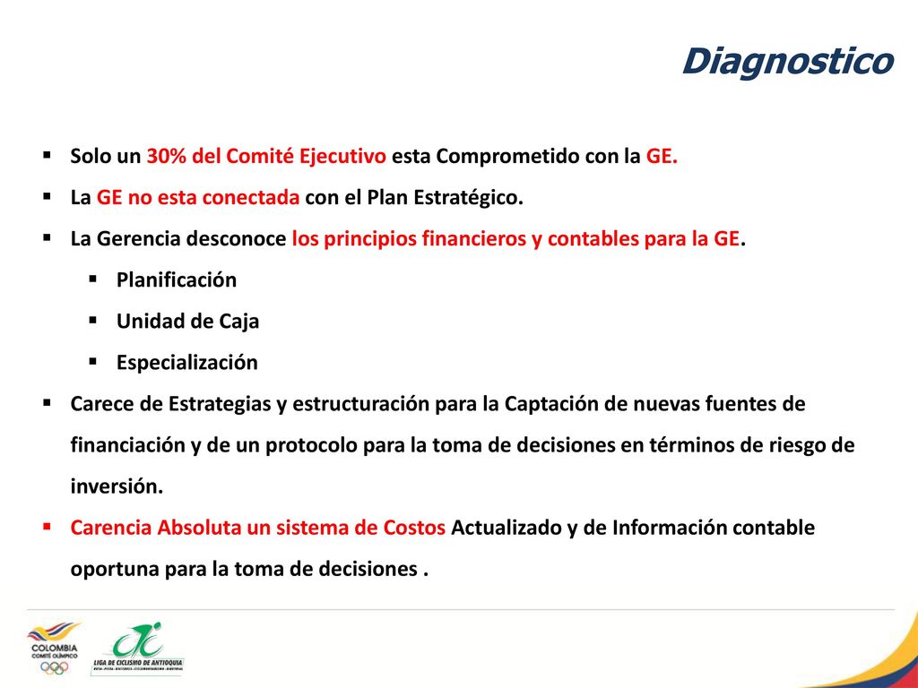 Diagnostico Solo un 30% del Comité Ejecutivo esta Comprometido con la GE. La GE no esta conectada con el Plan Estratégico.