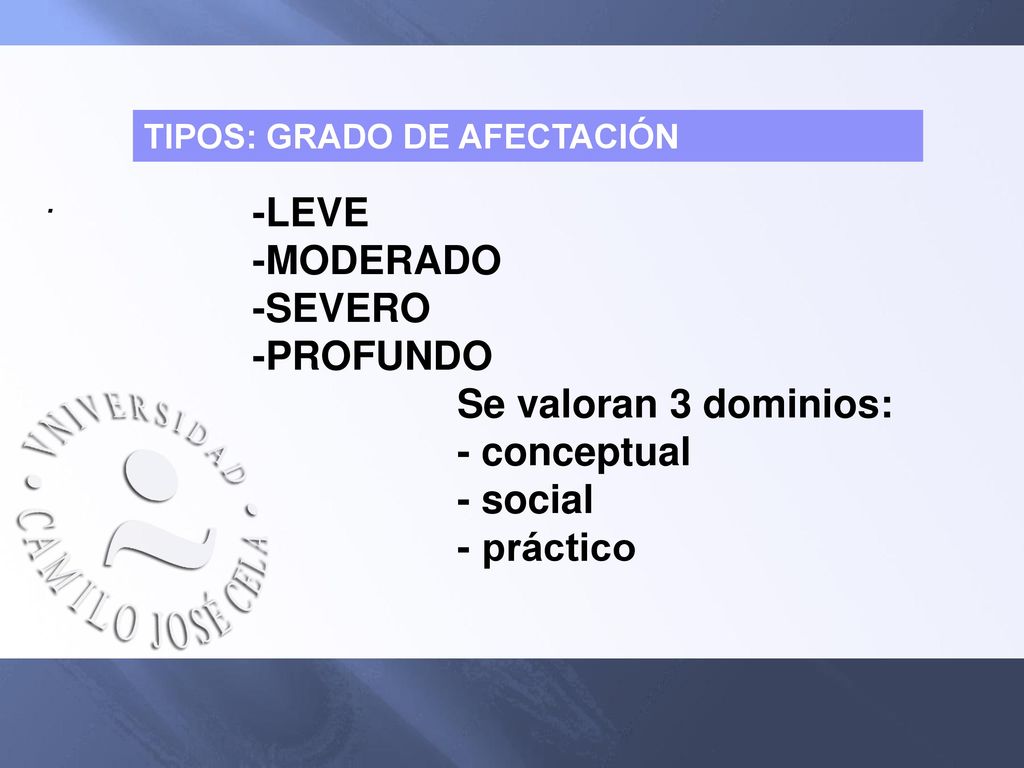 -LEVE -MODERADO -SEVERO -PROFUNDO Se valoran 3 dominios: - conceptual