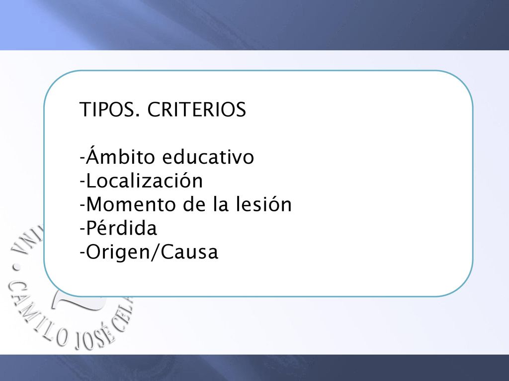 TIPOS. CRITERIOS Ámbito educativo Localización Momento de la lesión Pérdida Origen/Causa