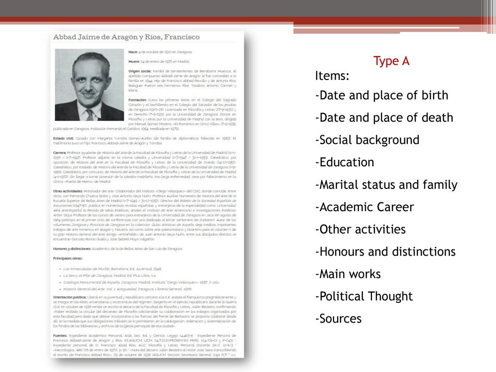 Type A Items: Date and place of birth. Date and place of death. Social background. Education. Marital status and family.