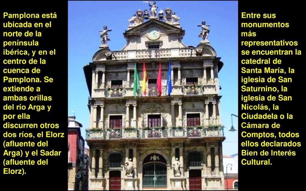 Pamplona está ubicada en el norte de la península ibérica, y en el centro de la cuenca de Pamplona. Se extiende a ambas orillas del río Arga y por ella discurren otros dos ríos, el Elorz (afluente del Arga) y el Sadar (afluente del Elorz).