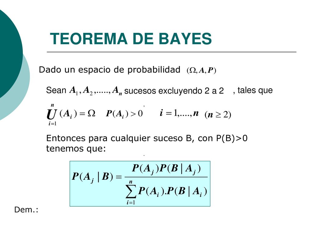 TEOREMA DE BAYES Dado un espacio de probabilidad Sean , tales que