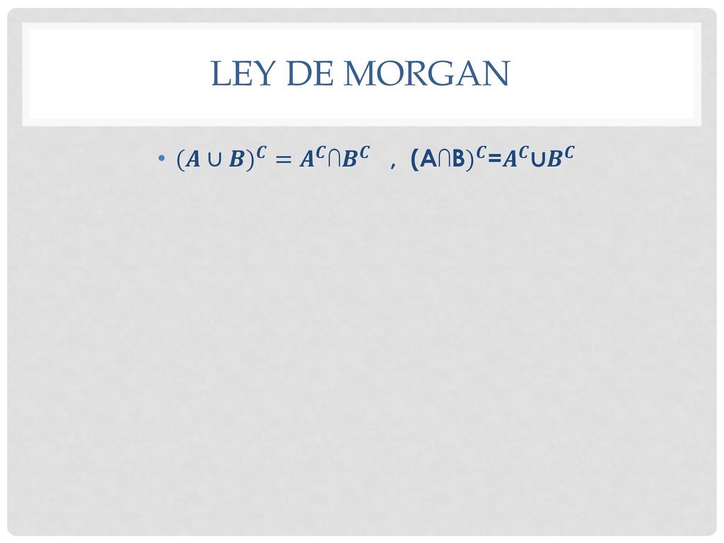 (𝑨∪𝑩 ) 𝑪 = 𝑨 𝑪 ∩ 𝑩 𝑪 , (A∩B ) 𝑪 = 𝑨 𝑪 ∪ 𝑩 𝑪
