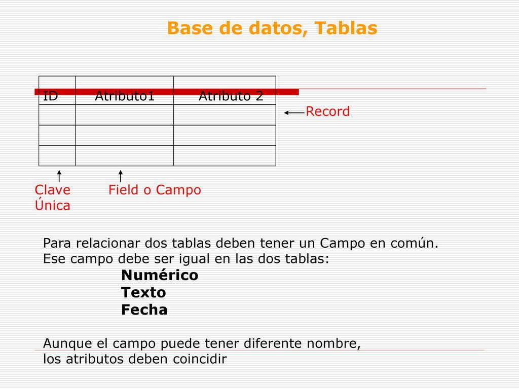 Base de datos, Tablas Numérico Texto Fecha ID Atributo1 Atributo 2