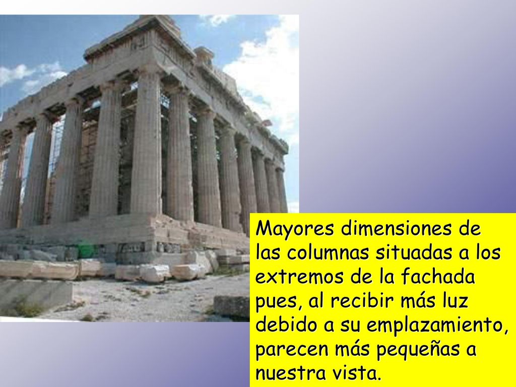 Mayores dimensiones de las columnas situadas a los extremos de la fachada pues, al recibir más luz debido a su emplazamiento, parecen más pequeñas a nuestra vista.