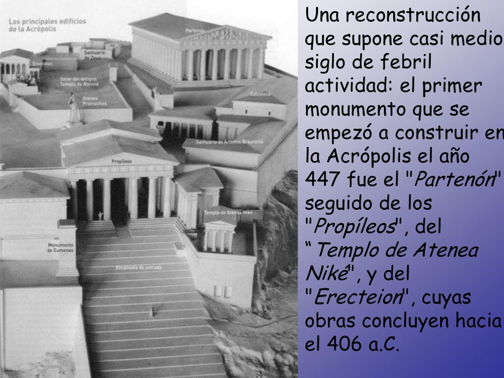 Una reconstrucción que supone casi medio siglo de febril actividad: el primer monumento que se empezó a construir en la Acrópolis el año 447 fue el Partenón , seguido de los Propíleos , del Templo de Atenea Niké , y del Erecteion , cuyas obras concluyen hacia el 406 a.C.