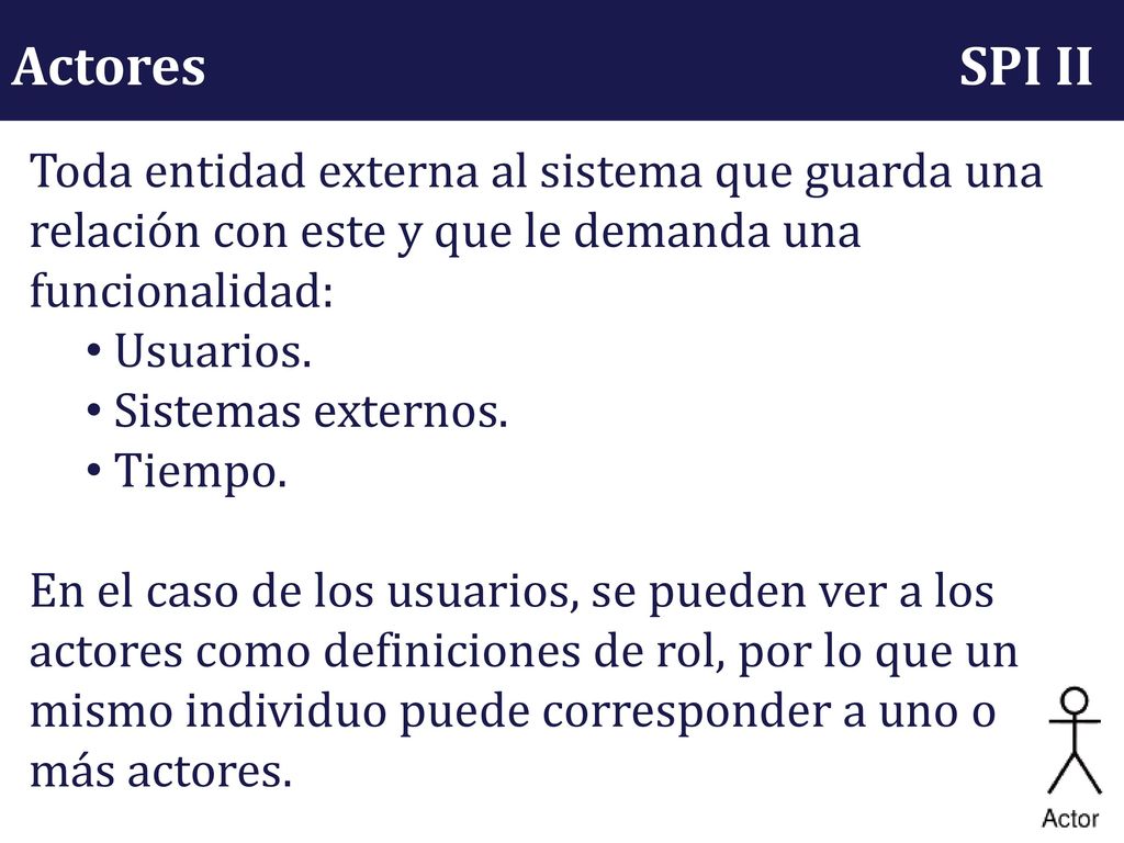 Actores SPI II. Toda entidad externa al sistema que guarda una relación con este y que le demanda una funcionalidad: