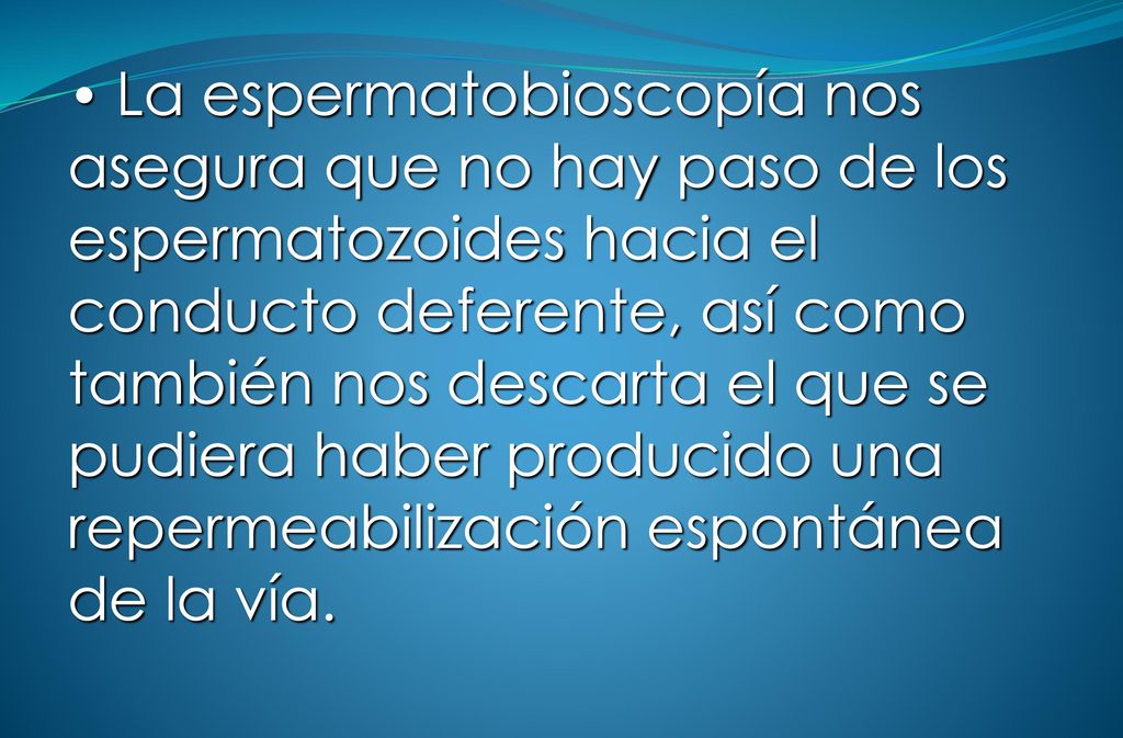La espermatobioscopía nos asegura que no hay paso de los espermatozoides hacia el conducto deferente, así como también nos descarta el que se pudiera haber producido una repermeabilización espontánea de la vía.