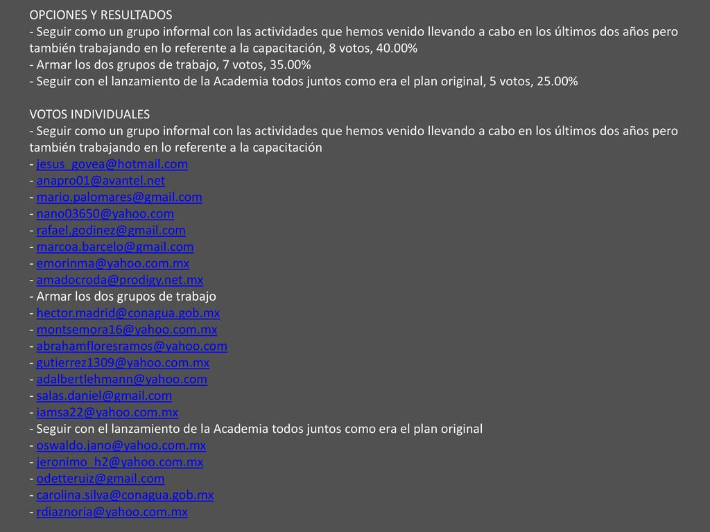 OPCIONES Y RESULTADOS - Seguir como un grupo informal con las actividades que hemos venido llevando a cabo en los últimos dos años pero también trabajando en lo referente a la capacitación, 8 votos, 40.00% - Armar los dos grupos de trabajo, 7 votos, 35.00% - Seguir con el lanzamiento de la Academia todos juntos como era el plan original, 5 votos, 25.00% VOTOS INDIVIDUALES - Seguir como un grupo informal con las actividades que hemos venido llevando a cabo en los últimos dos años pero también trabajando en lo referente a la capacitación Armar los dos grupos de trabajo Seguir con el lanzamiento de la Academia todos juntos como era el plan original