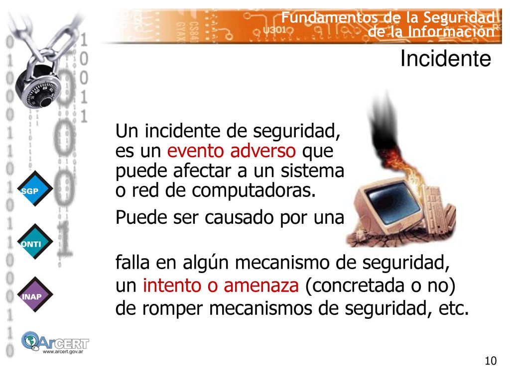 Incidente Un incidente de seguridad, es un evento adverso que puede afectar a un sistema o red de computadoras.