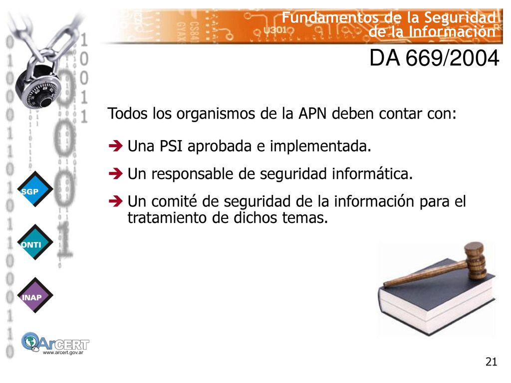 DA 669/2004 Todos los organismos de la APN deben contar con: