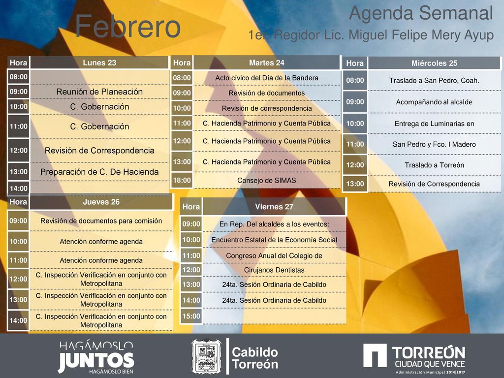 Febrero Agenda Semanal 1er. Regidor Lic. Miguel Felipe Mery Ayup