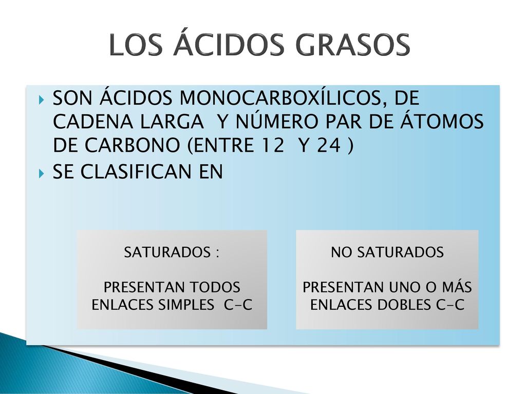 LOS ÁCIDOS GRASOS SON ÁCIDOS MONOCARBOXÍLICOS, DE CADENA LARGA Y NÚMERO PAR DE ÁTOMOS DE CARBONO (ENTRE 12 Y 24 )