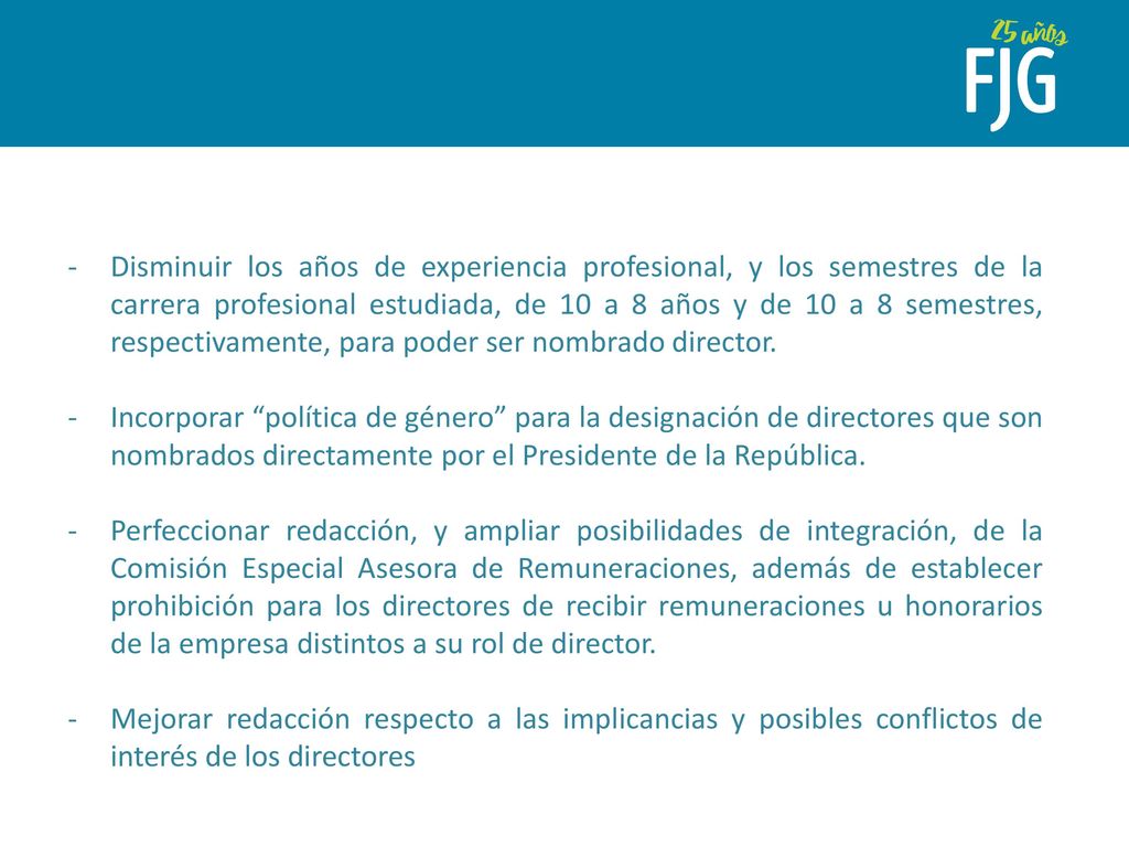 Disminuir los años de experiencia profesional, y los semestres de la carrera profesional estudiada, de 10 a 8 años y de 10 a 8 semestres, respectivamente, para poder ser nombrado director.