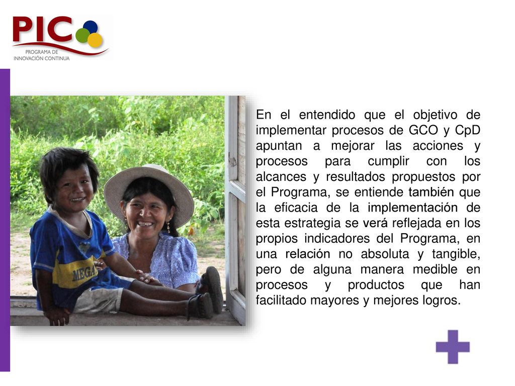 En el entendido que el objetivo de implementar procesos de GCO y CpD apuntan a mejorar las acciones y procesos para cumplir con los alcances y resultados propuestos por el Programa, se entiende también que la eficacia de la implementación de esta estrategia se verá reflejada en los propios indicadores del Programa, en una relación no absoluta y tangible, pero de alguna manera medible en procesos y productos que han facilitado mayores y mejores logros.