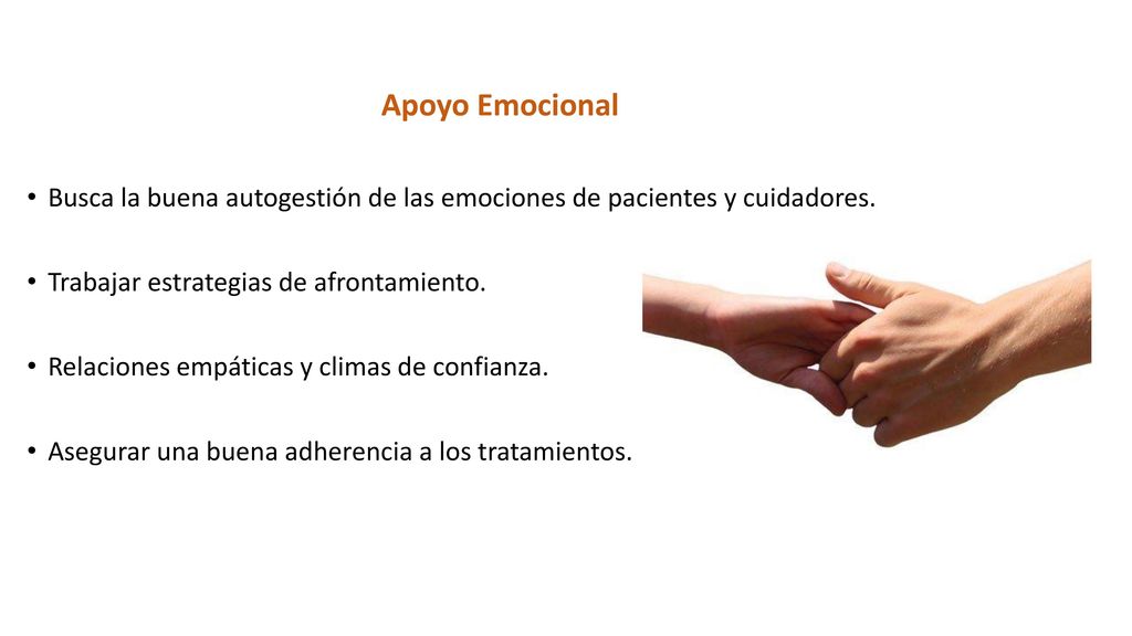 Apoyo Emocional Busca la buena autogestión de las emociones de pacientes y cuidadores. Trabajar estrategias de afrontamiento.