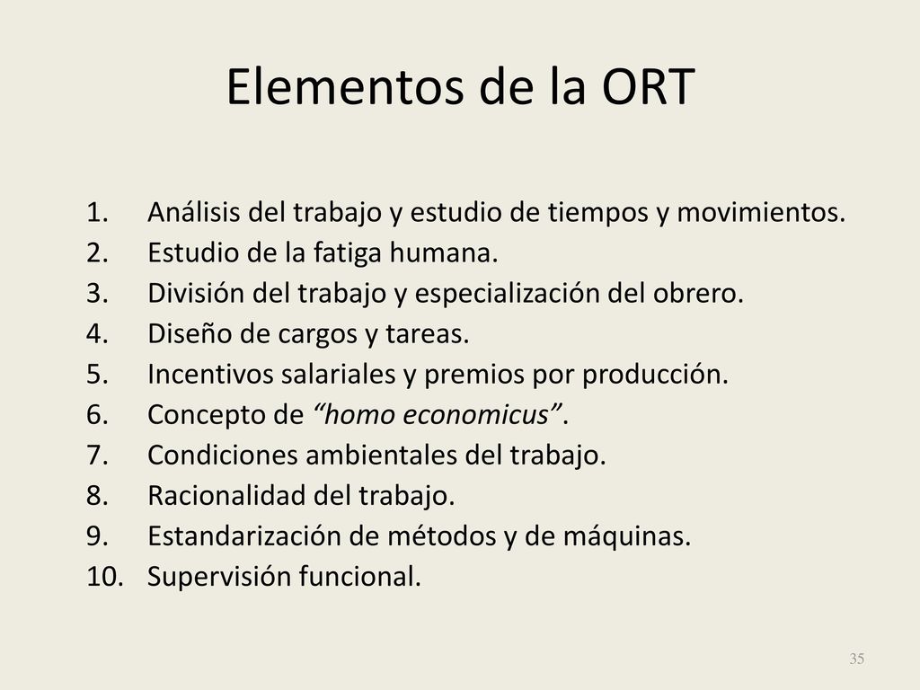 Elementos de la ORT Análisis del trabajo y estudio de tiempos y movimientos. Estudio de la fatiga humana.