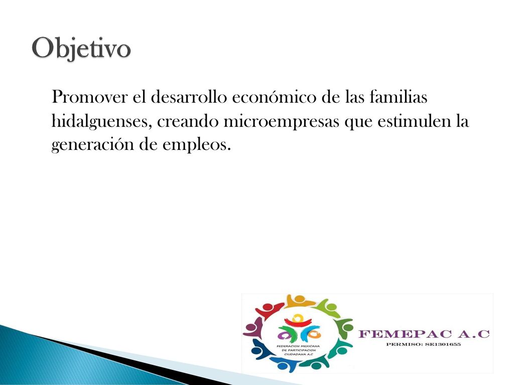 Objetivo Promover el desarrollo económico de las familias hidalguenses, creando microempresas que estimulen la generación de empleos.