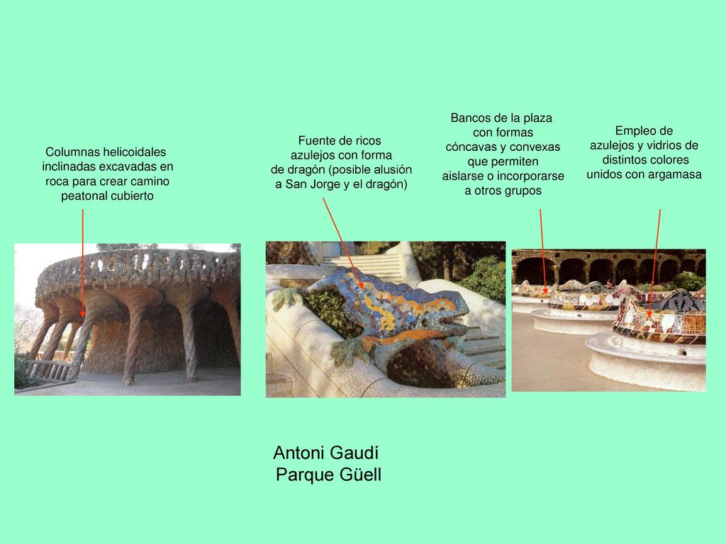 Antoni Gaudí Parque Güell Bancos de la plaza con formas