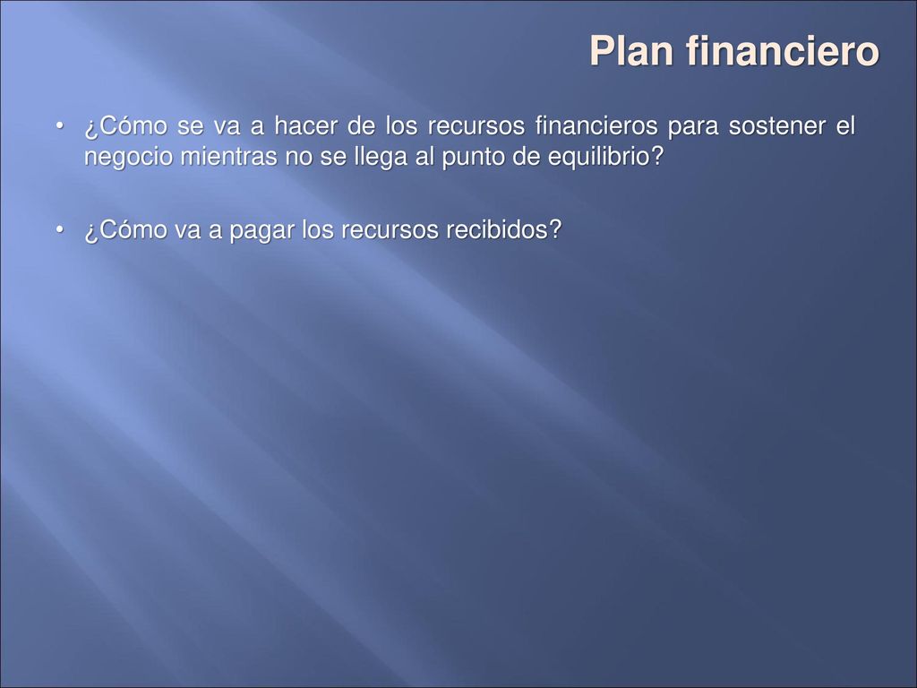 Plan financiero ¿Cómo se va a hacer de los recursos financieros para sostener el negocio mientras no se llega al punto de equilibrio