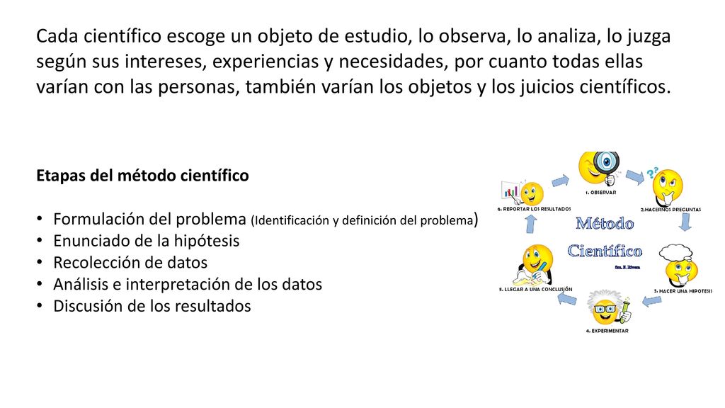 Cada científico escoge un objeto de estudio, lo observa, lo analiza, lo juzga según sus intereses, experiencias y necesidades, por cuanto todas ellas varían con las personas, también varían los objetos y los juicios científicos.