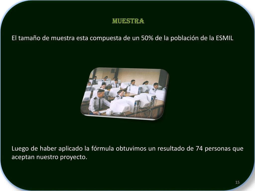 MUESTRA El tamaño de muestra esta compuesta de un 50% de la población de la ESMIL.