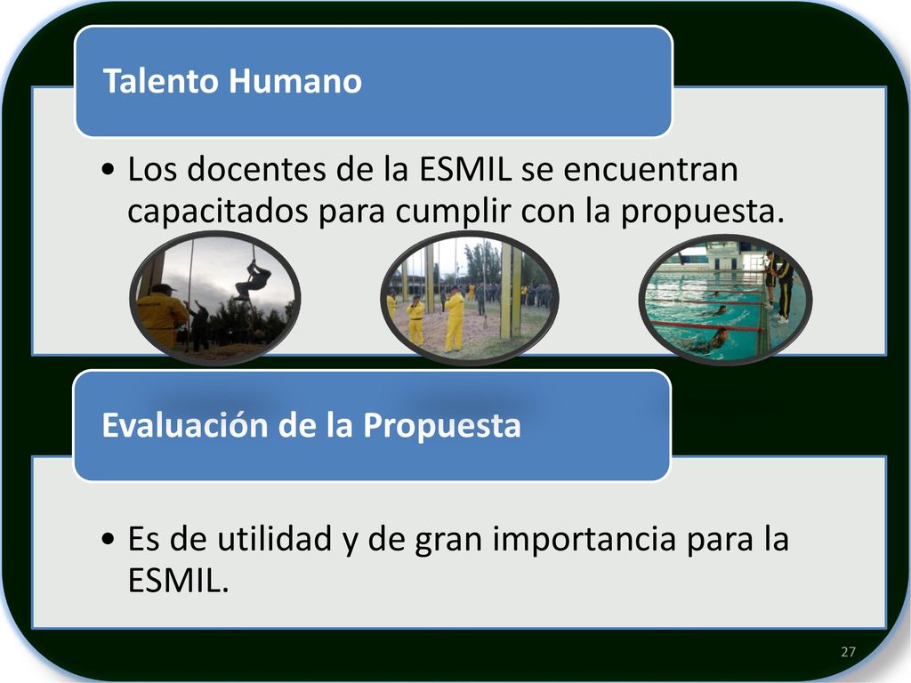 Talento Humano Los docentes de la ESMIL se encuentran capacitados para cumplir con la propuesta. Evaluación de la Propuesta.