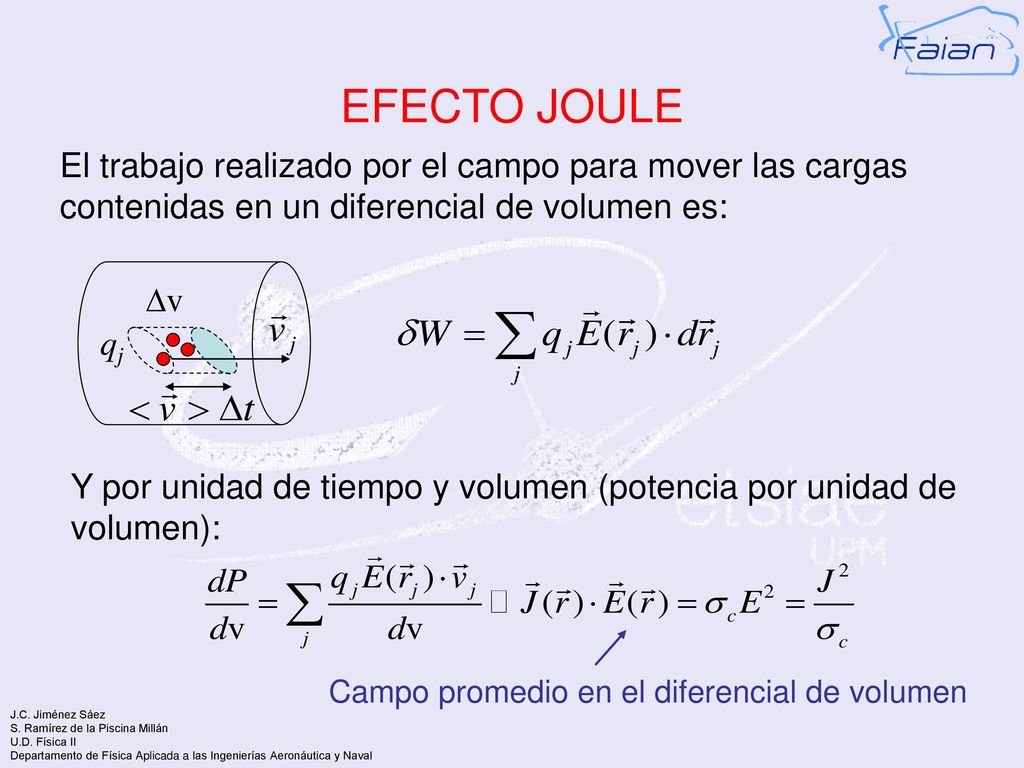 EFECTO JOULE El trabajo realizado por el campo para mover las cargas contenidas en un diferencial de volumen es: