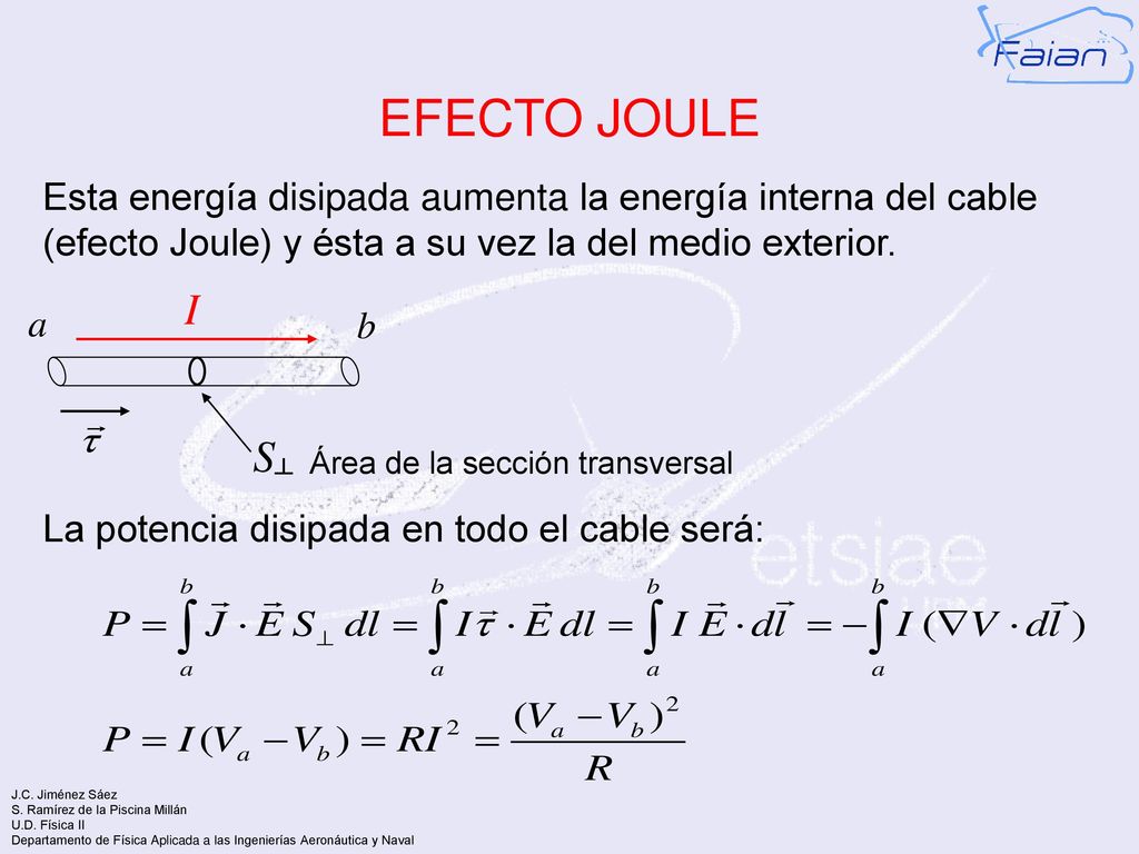 EFECTO JOULE Esta energía disipada aumenta la energía interna del cable (efecto Joule) y ésta a su vez la del medio exterior.