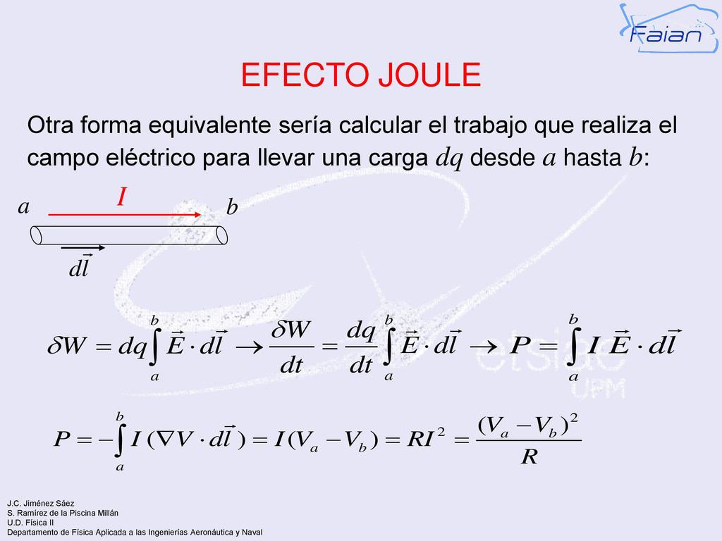 EFECTO JOULE Otra forma equivalente sería calcular el trabajo que realiza el campo eléctrico para llevar una carga dq desde a hasta b: