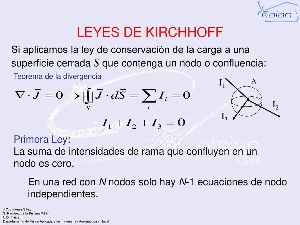 LEYES DE KIRCHHOFF Si aplicamos la ley de conservación de la carga a una superficie cerrada S que contenga un nodo o confluencia: