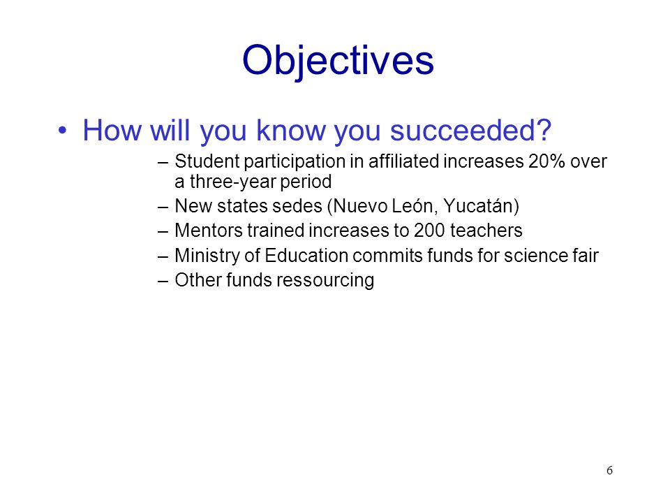 Objectives How will you know you succeeded