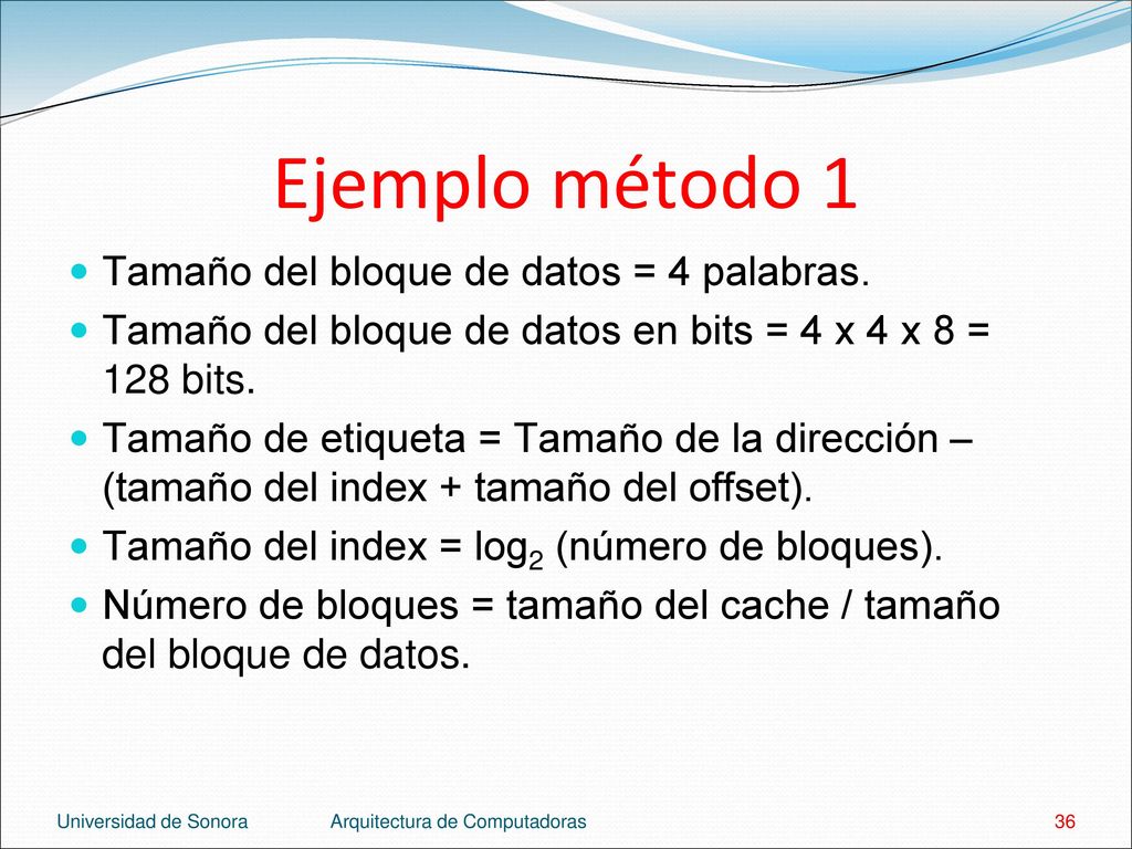 Ejemplo método 1 Tamaño del bloque de datos = 4 palabras.
