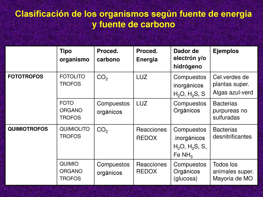 Clasificación de los organismos según fuente de energía y fuente de carbono