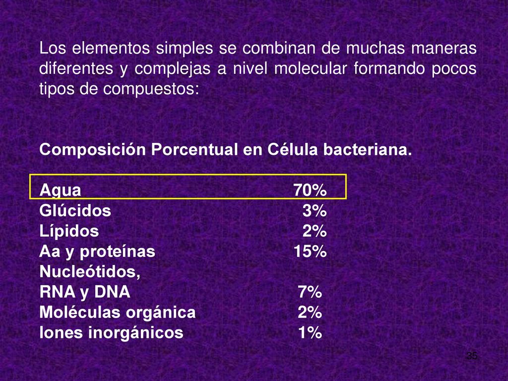 Composición Porcentual en Célula bacteriana. Agua 70% Glúcidos 3%