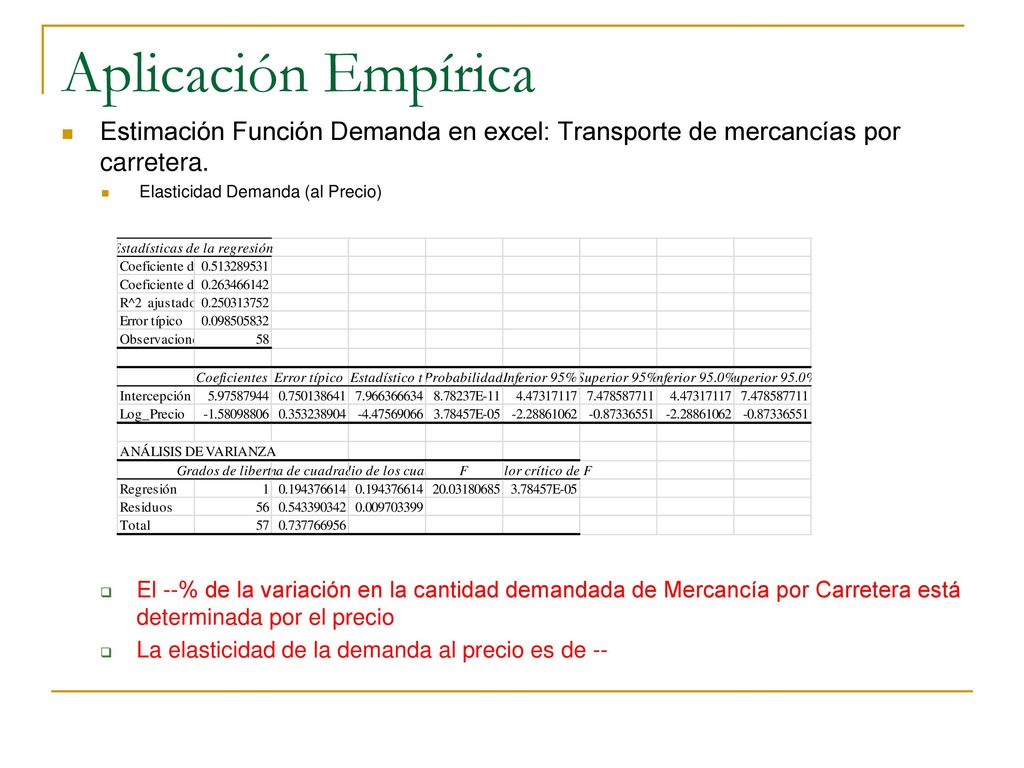 Aplicación Empírica Estimación Función Demanda en excel: Transporte de mercancías por carretera. Elasticidad Demanda (al Precio)