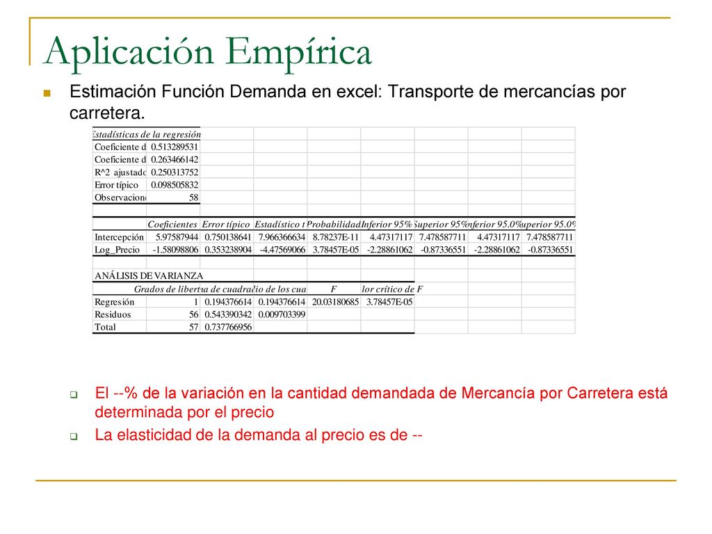 Aplicación Empírica Estimación Función Demanda en excel: Transporte de mercancías por carretera.